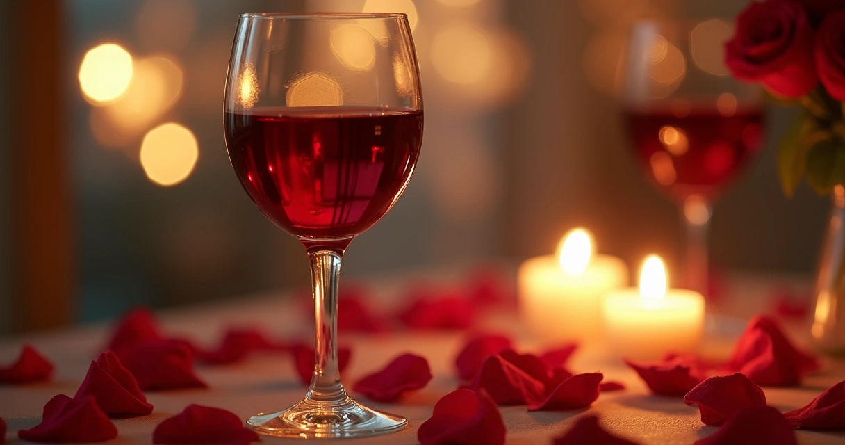Taça de vinho tinto em mesa com decoração romântica