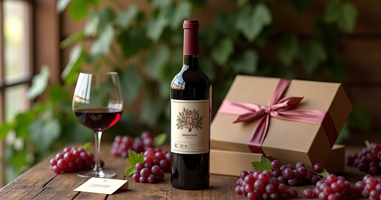 Garrafa de vinho artesanal com rótulo personalizado ao lado de um presente corporativo elegante 