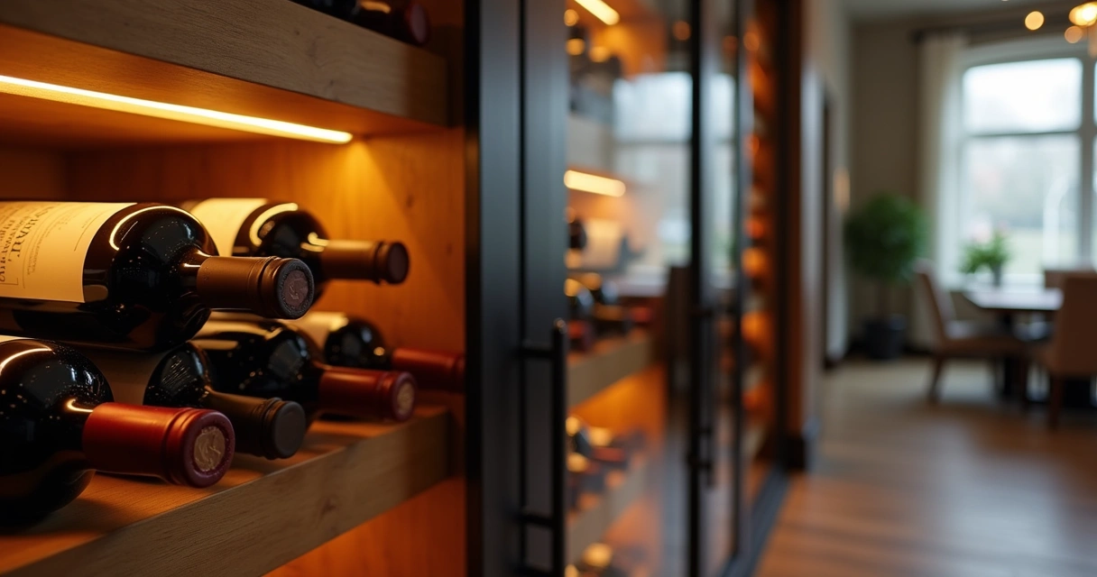 Garrafas de vinho deitadas em adega climatizada 