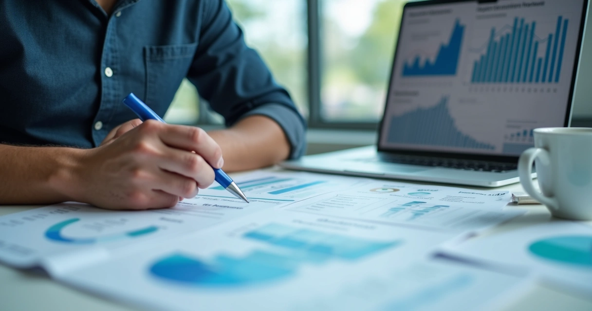 Consultor de marketing digital analisando gráficos em clínica odontológica