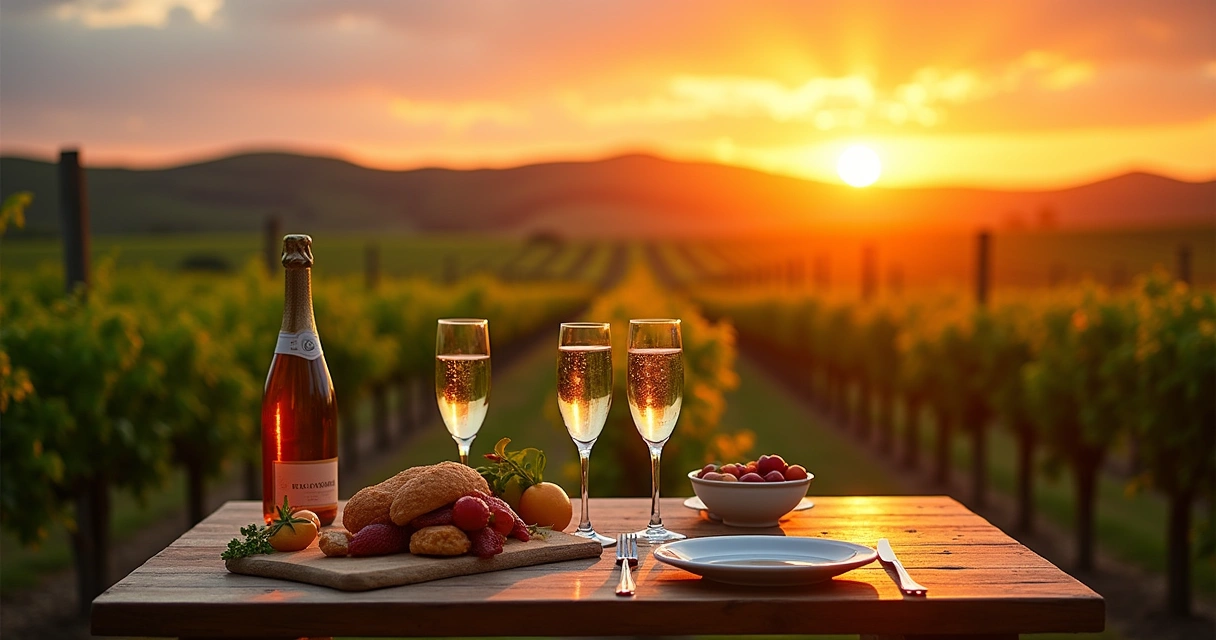 Cena de vinícola em Pinto Bandeira com espumantes, vinhedos e pôr do sol vibrante.