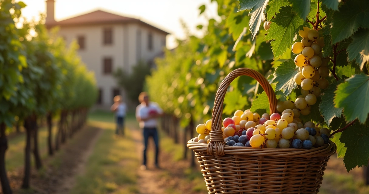 Vinícola familiar com uvas sendo colhidas manualmente 