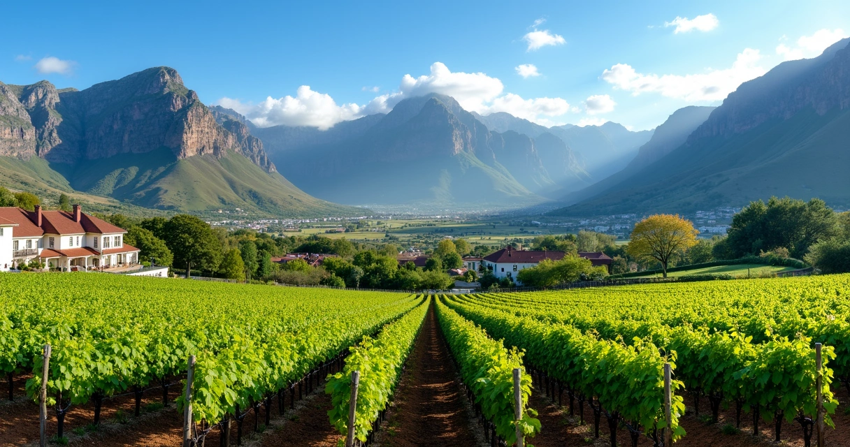 Vinícolas no vale de Franschhoek com montanhas ao fundo. 