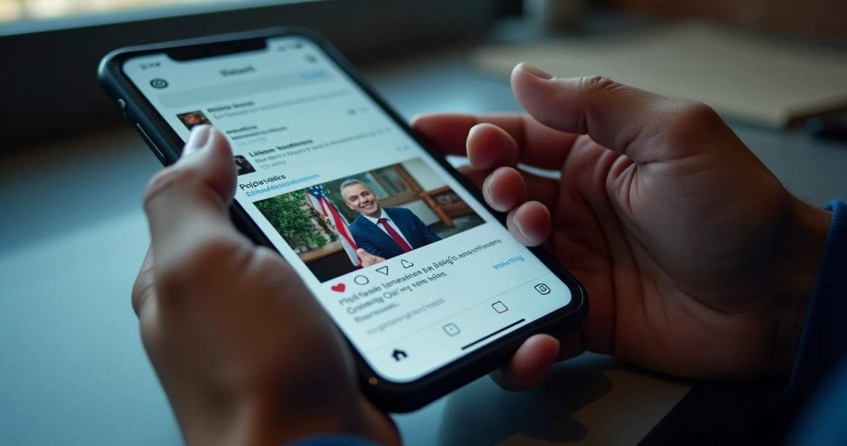 Tela de celular mostrando vídeo político viral com números crescentes 
