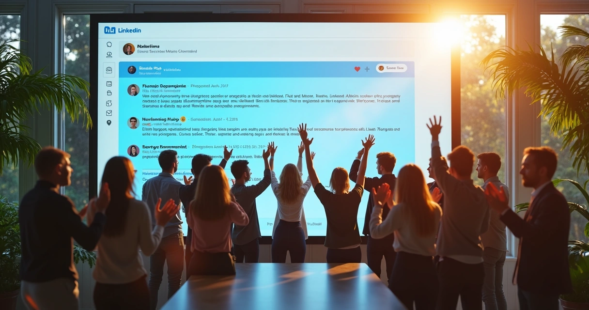 Profissionais animados comemorando viralização de post no LinkedIn 