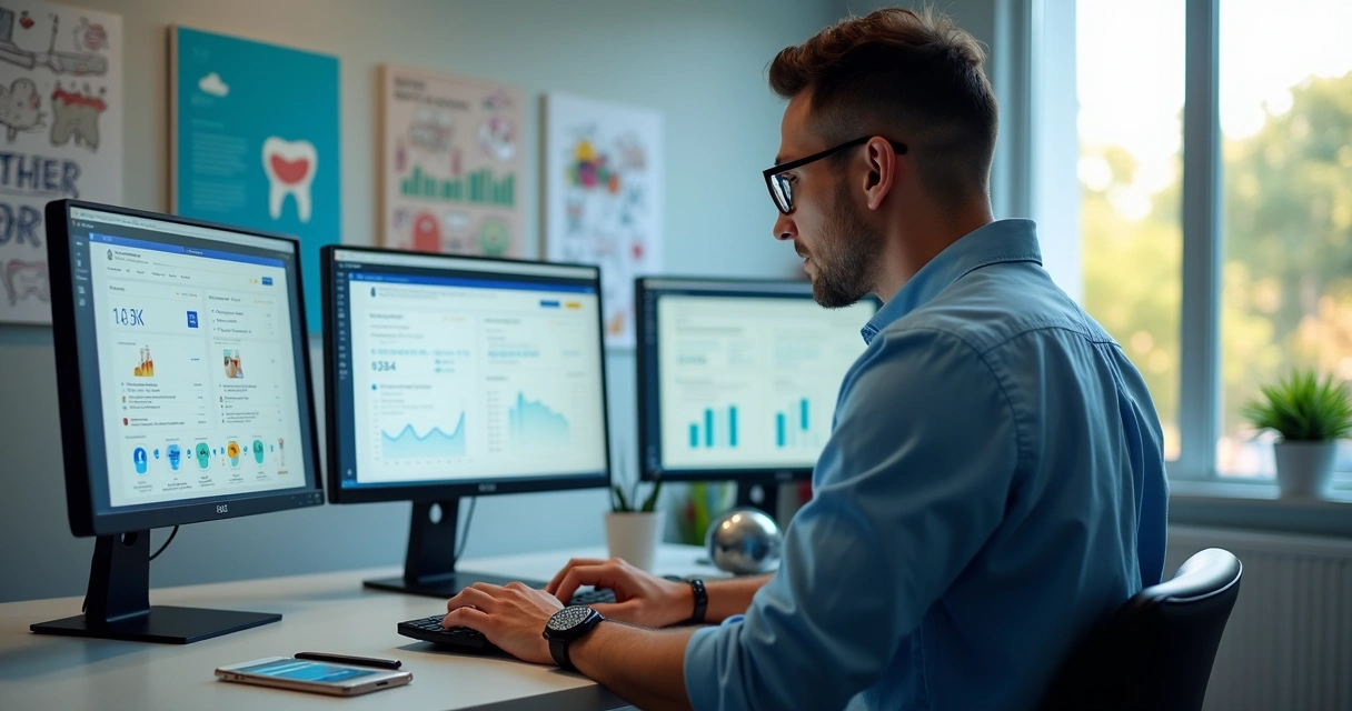 Profissional de marketing analisando dados de redes sociais em clínica odontológica 