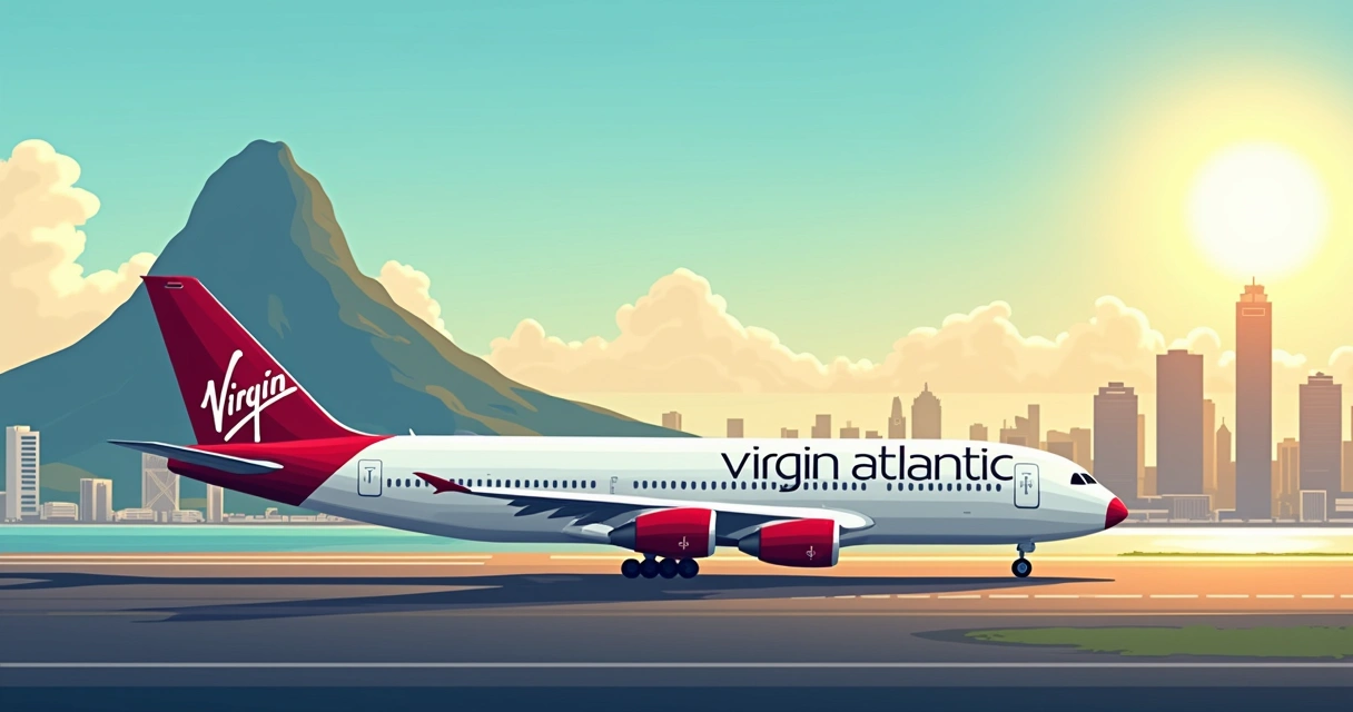 Avião da Virgin Atlantic taxiando no Aeroporto Santos Dumont com paisagem do Rio de Janeiro ao fundo 