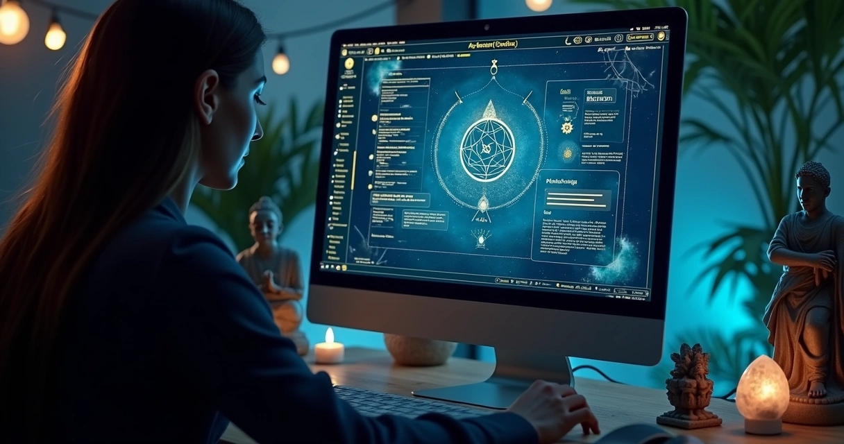 AI virtual assistant interface on computer with mystic symbols 