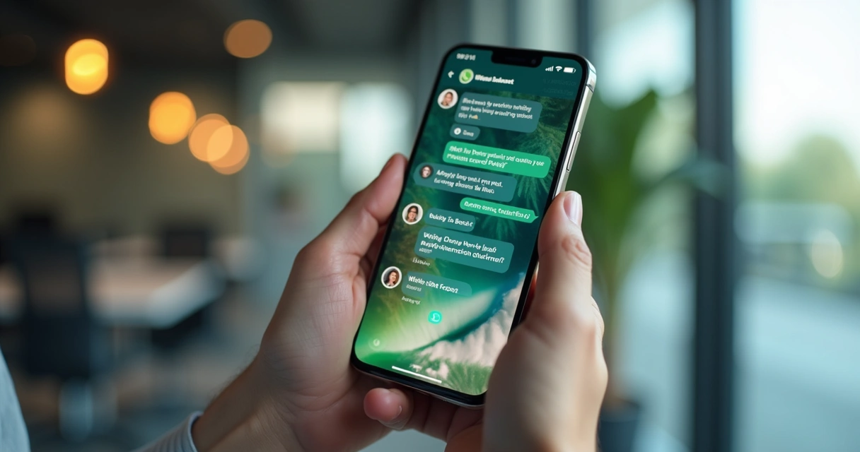 Smartphone showing WhatsApp conversation with AI virtual assistant automating customer support 