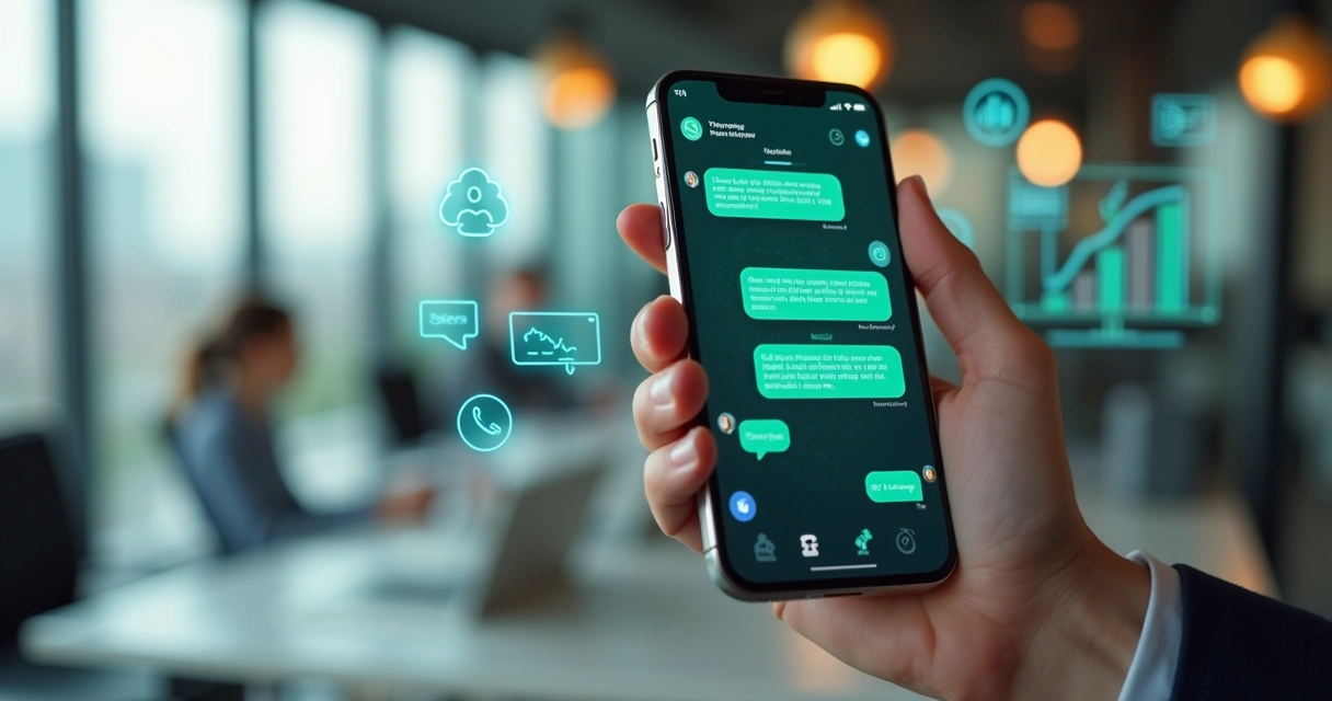 Close-up of a smartphone screen showing a WhatsApp chat with an AI virtual assistant responding automatically 