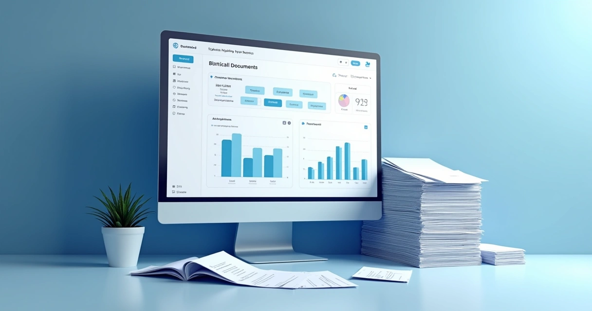 Tela de plataforma de gestão Virtual Box e documentos digitalizados
