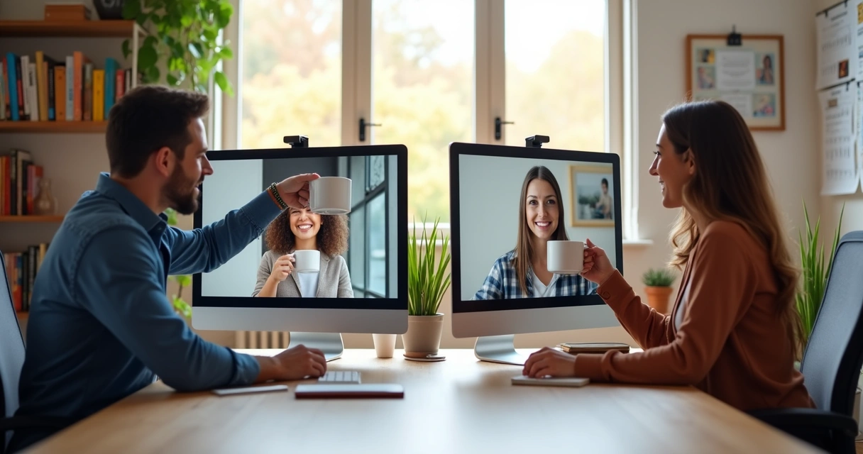 Remote workers sharing a virtual coffee break via video call 