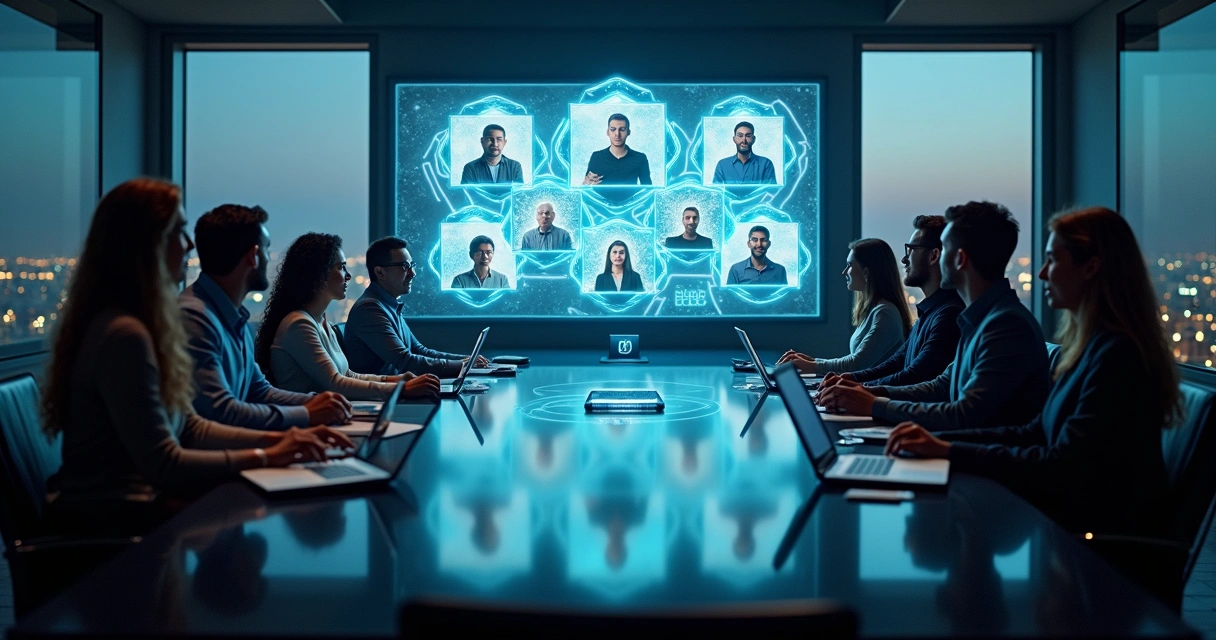 Team in futuristic meeting room protected by holographic shield during video call 