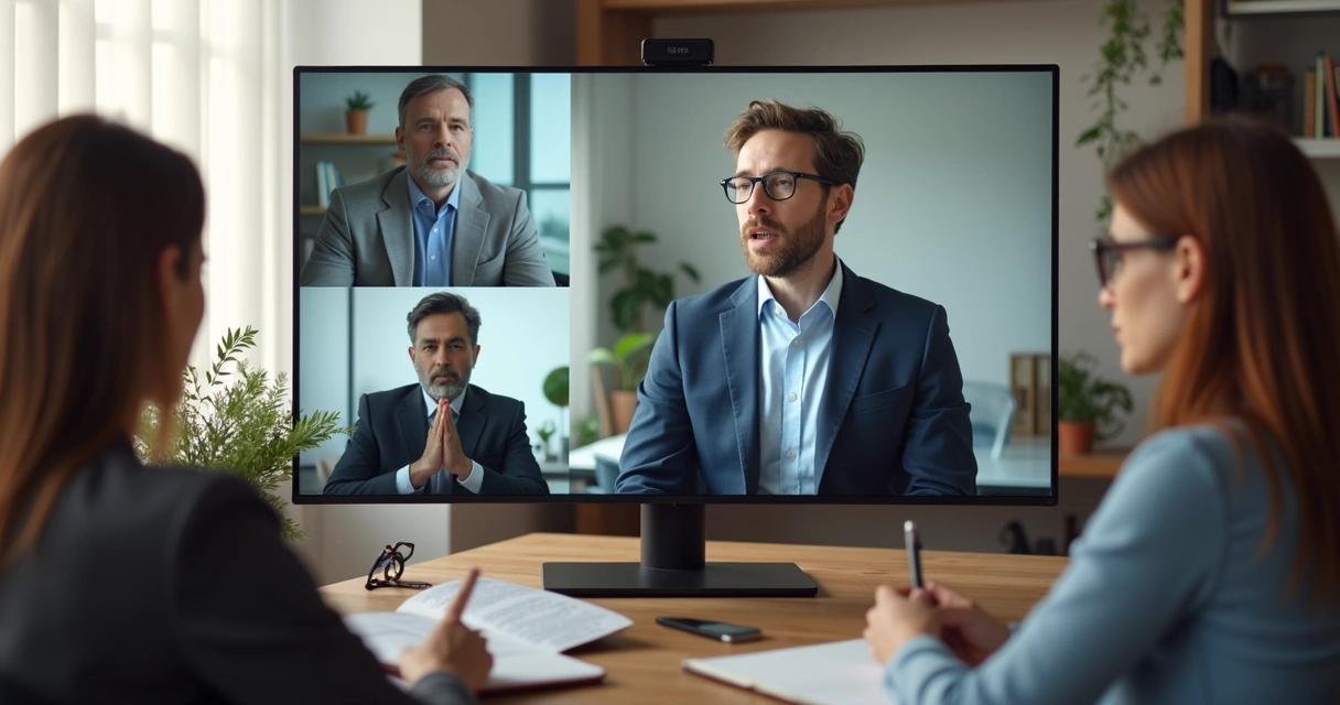 Manager leading calm video call to resolve team conflict