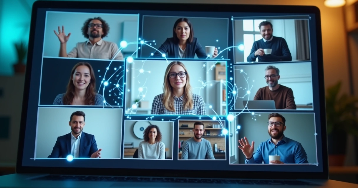 Remote workers interacting on screen with animated lines showing digital connections. 