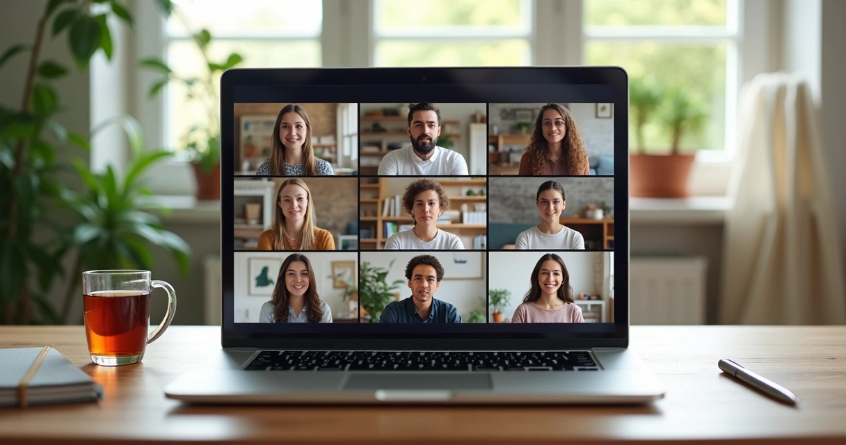 Team in virtual meeting with one person centered in mindful presence 
