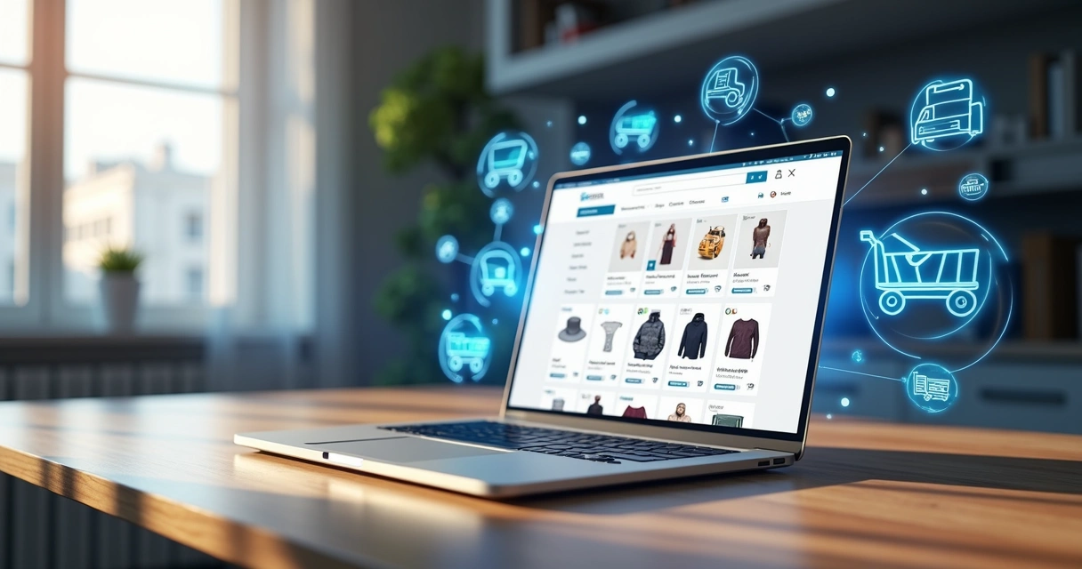 High-resolution image of a modern virtual storefront on a laptop screen with colorful product thumbnails and shopping cart icon 