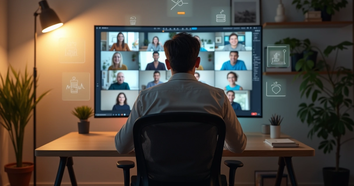 Leader calmly present in front of multiple virtual team screens 