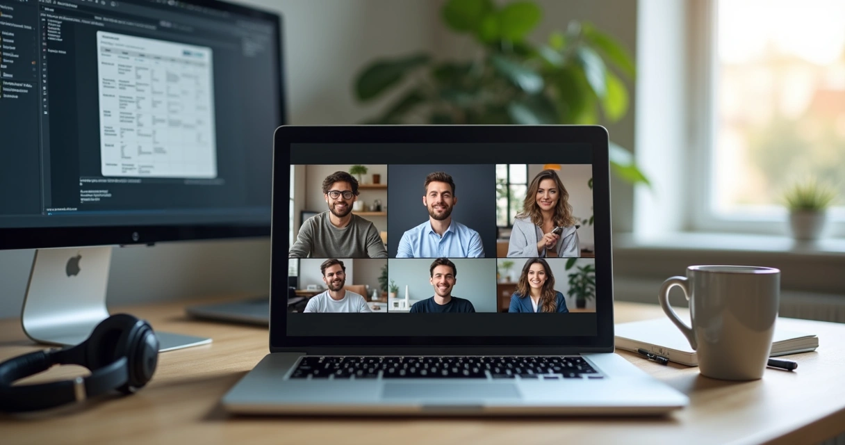 Team video call with one person centered and others in smaller windows