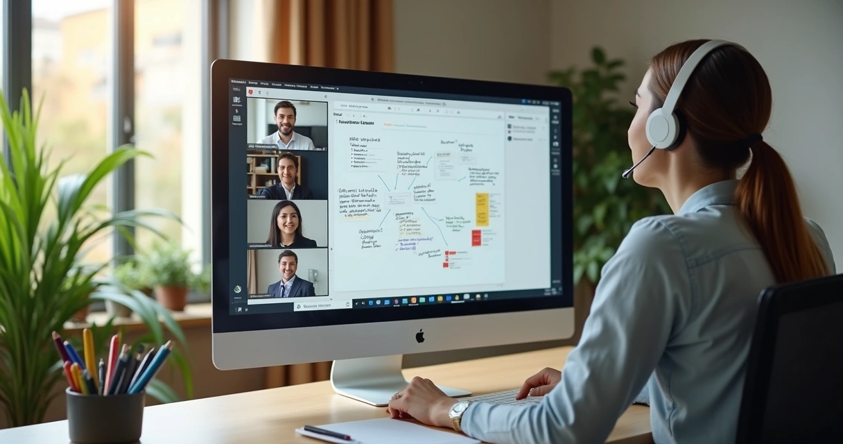 Manager leading a calm virtual meeting with clear shared notes 