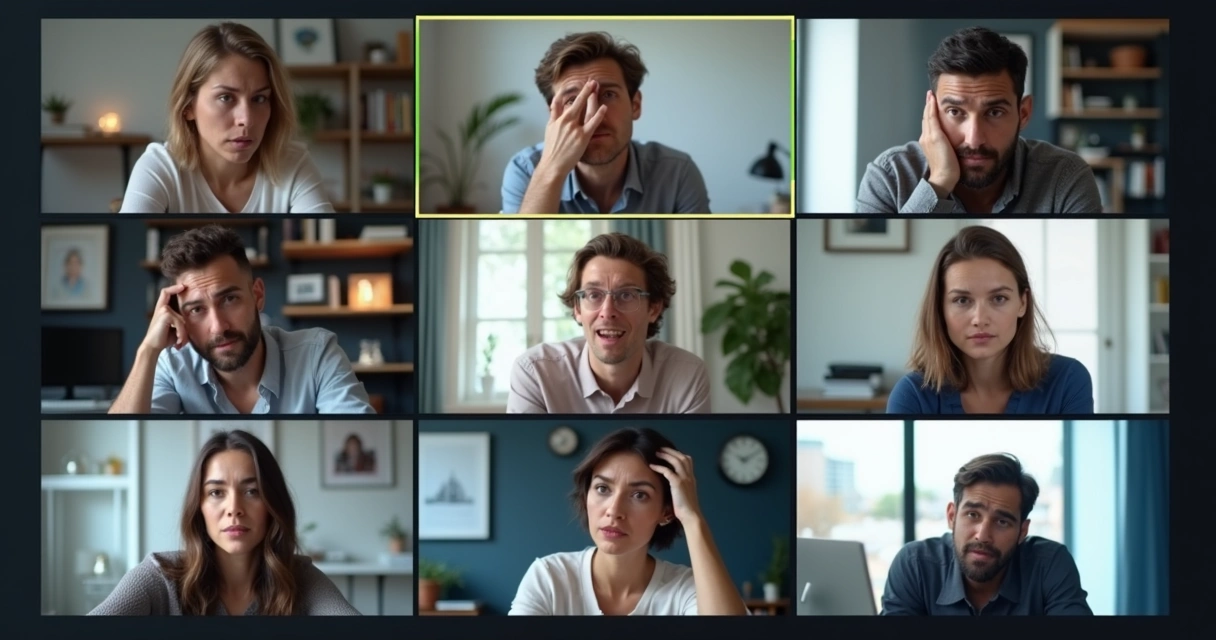 Remote meeting screen showing mixed reactions and fatigue