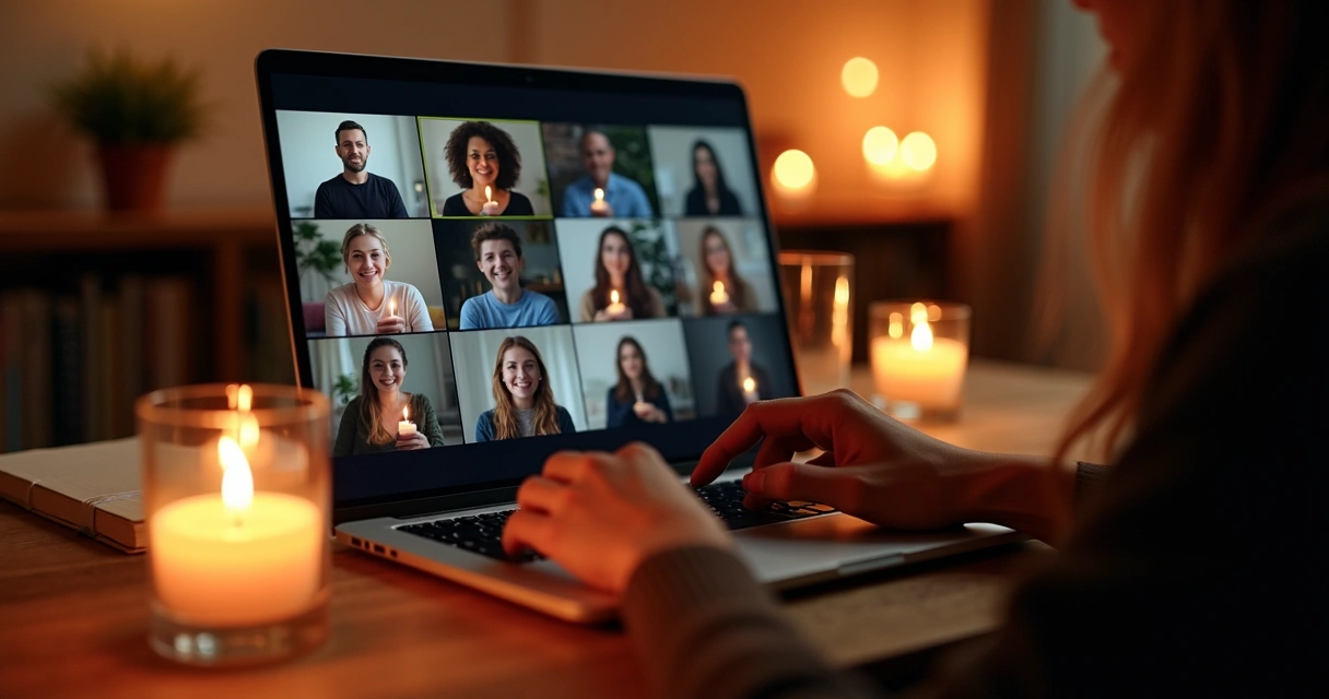 People joining a virtual memorial circle on laptop screens 