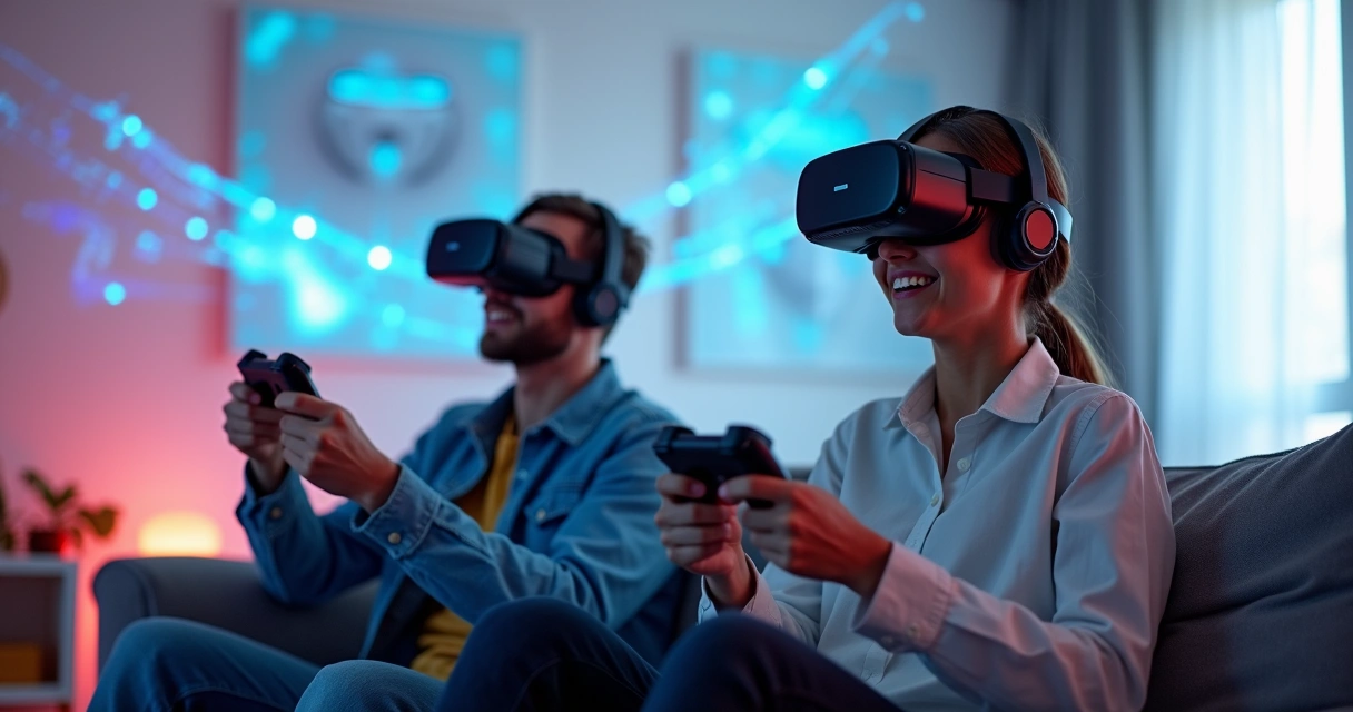 Gamers wearing futuristic virtual reality headsets in a living room, with immersive visuals projected around them 
