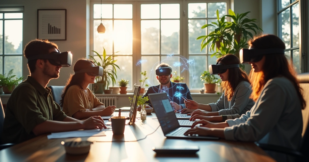 People using VR headsets in a home office space