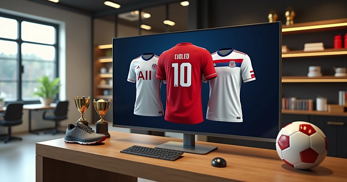 Virtual store screen displaying football school products including jerseys, balls, shoes, and trophies on a wooden table 