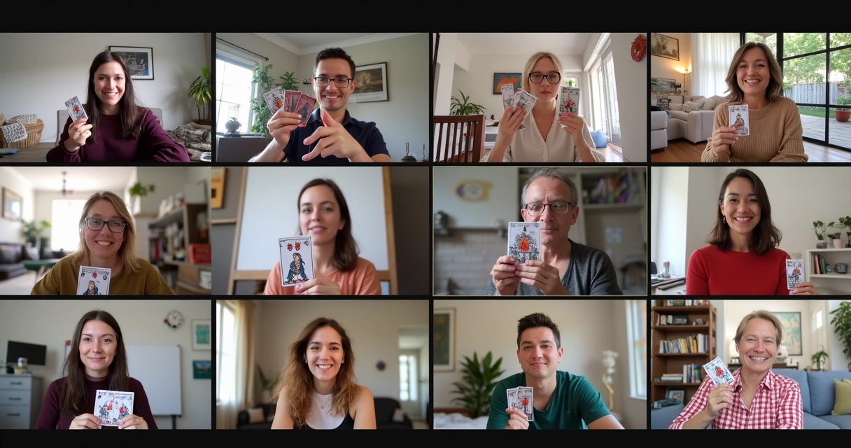 Online workshop participants interacting with tarot cards on screens 