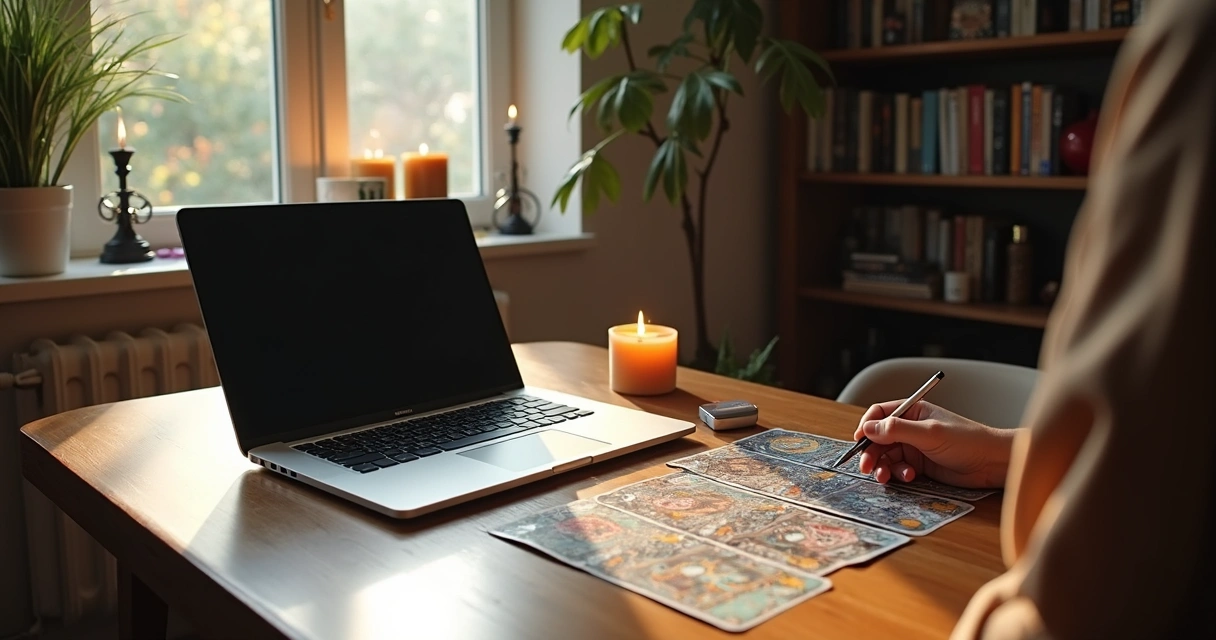 Tarot reader with laptop, cards and camera on table 
