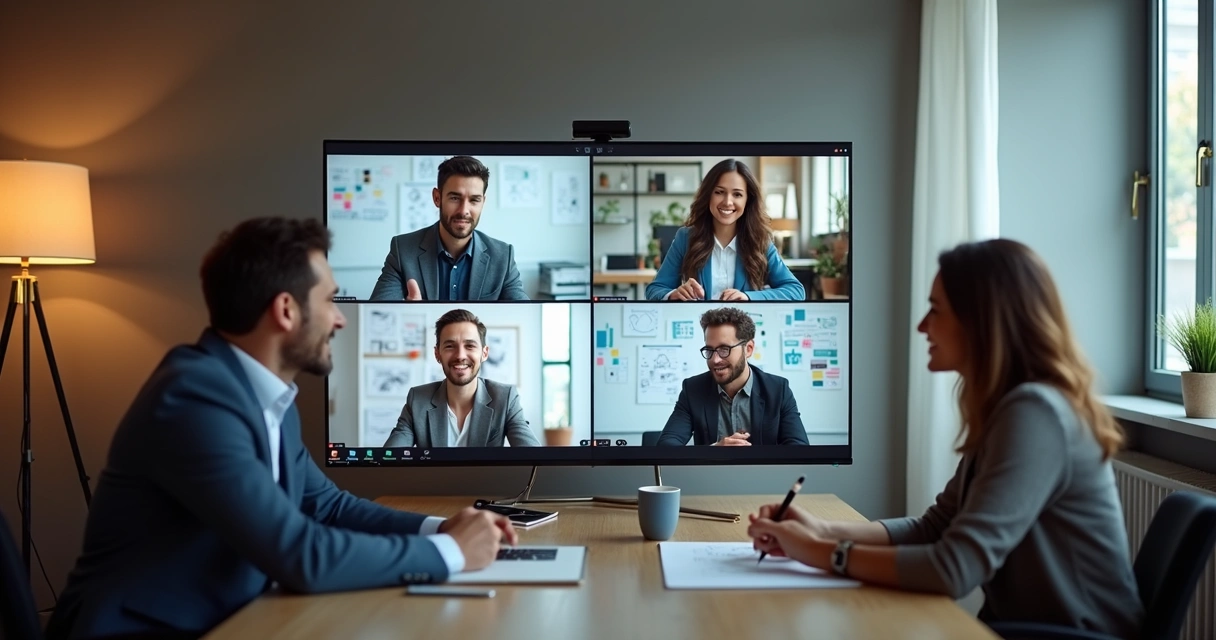 Four people in an online video meeting, collaborating around a digital whiteboard. 