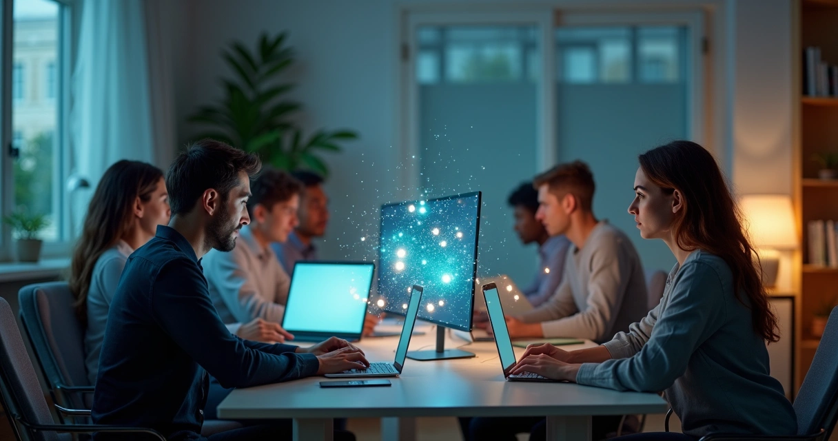 Diverse remote team aligned in a virtual meeting with connected light lines between screens 