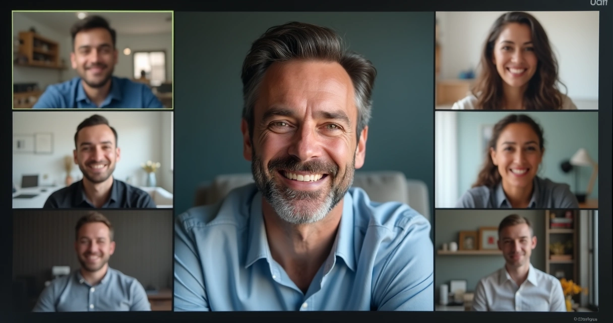 Virtual team leader speaking to members in a video call, each participant in a separate frame 