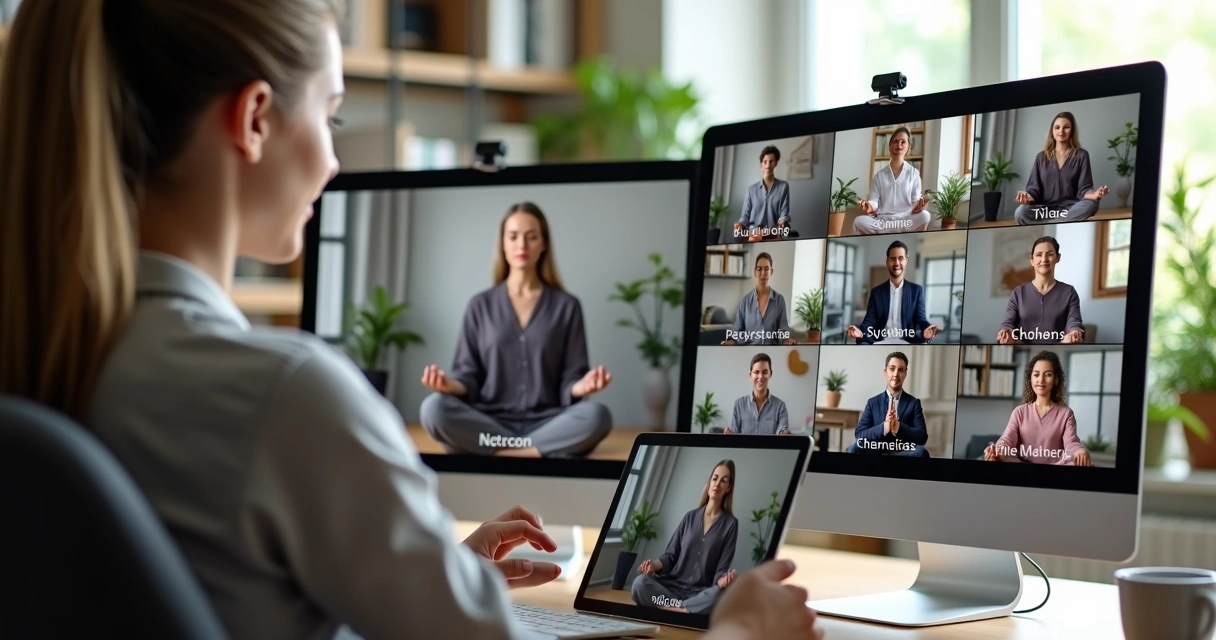 Remote team members meditating together via video call on laptops and tablets