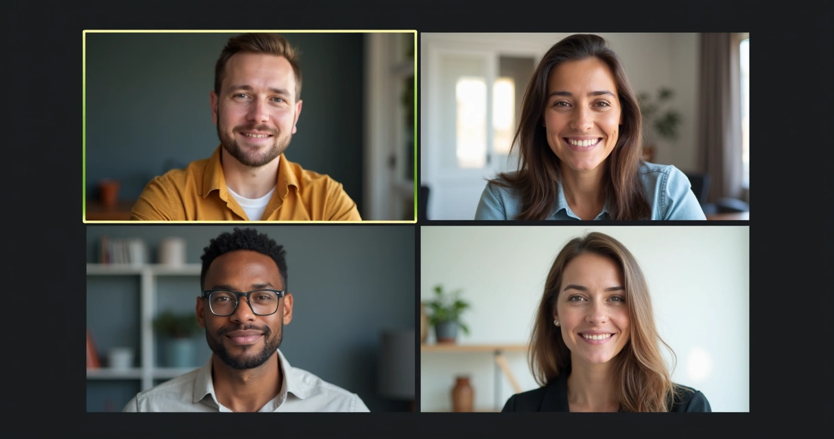 Multiple people on a video call, focused and attentive, multiple screens 