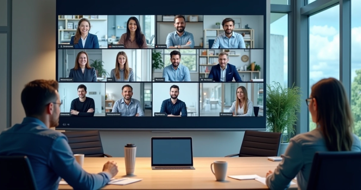 Multiple people on a video call shown on computer screens 