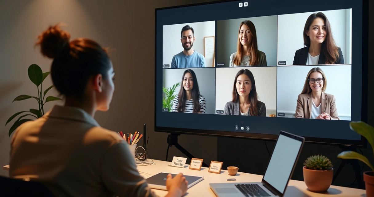 Remote team members in a video call reflecting during a guided systemic session 