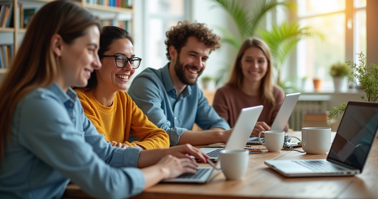 Small remote team laughing together during an online video call 