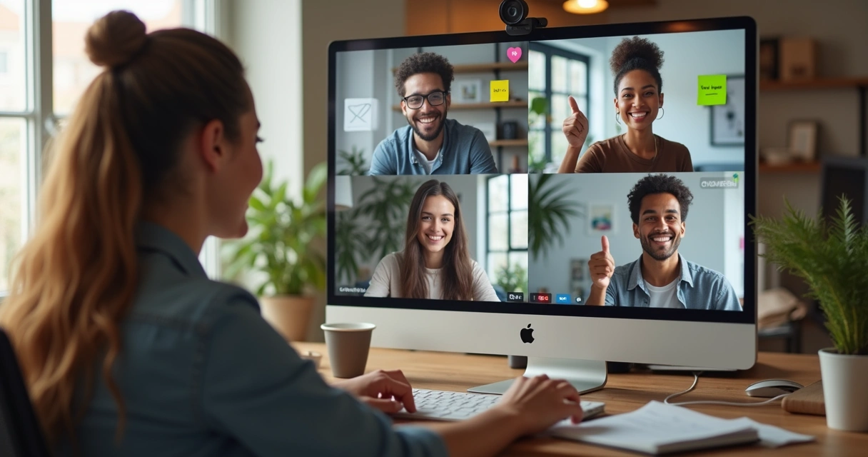Team members supporting each other in virtual workspace 