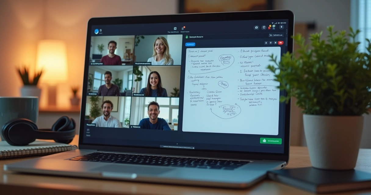 Remote team collaborating in a video call with shared notes on screen 