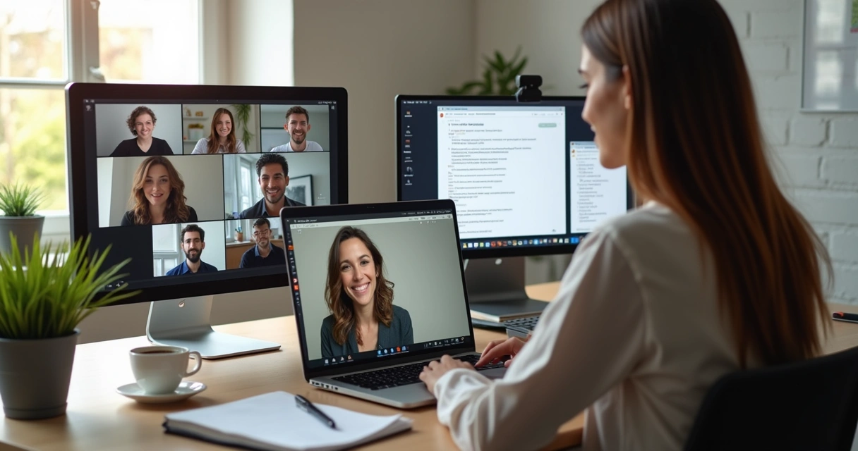 New hire joining a virtual team welcome call on laptop screen 