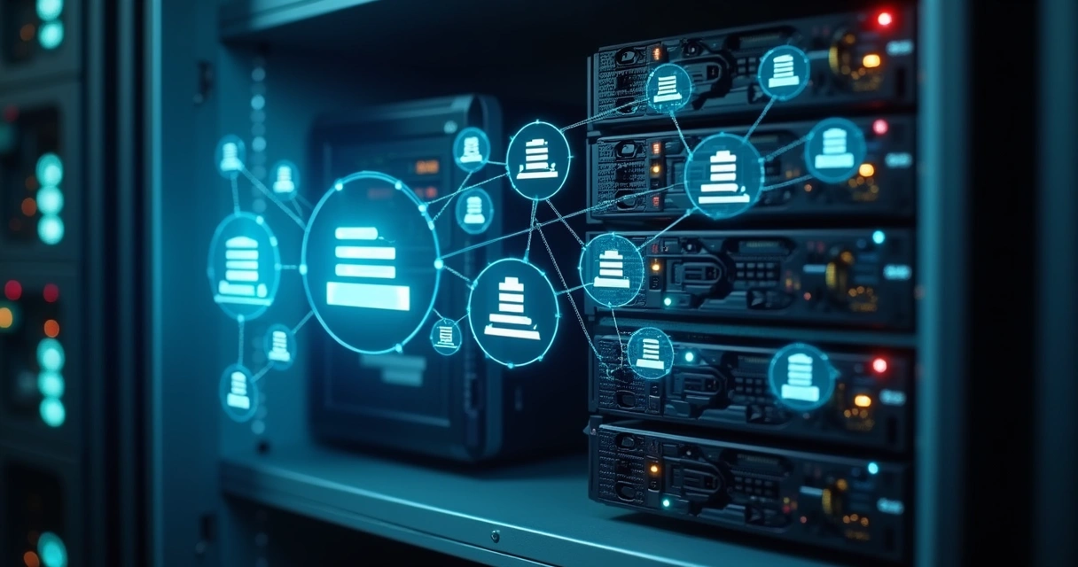 Servidores em um rack com representações digitais de máquinas virtuais 