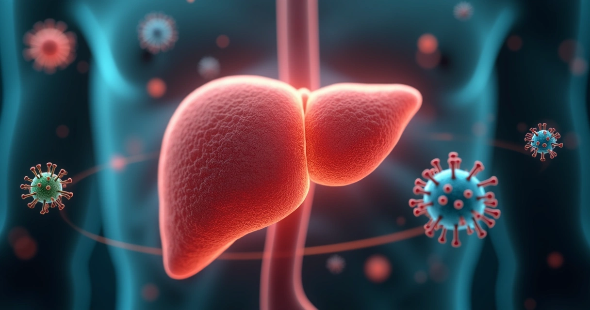 Representação de fígado humano protegido cercado por vírus de hepatite 