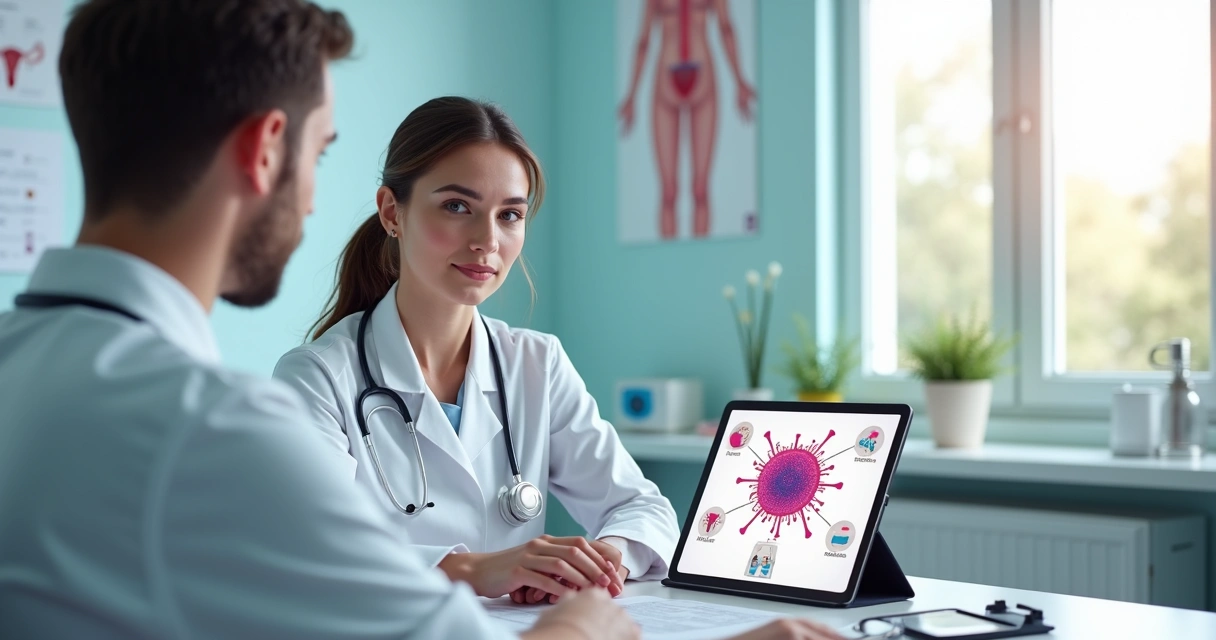 Ilustração de médico explicando o vírus HPV para paciente em consulta preventiva 