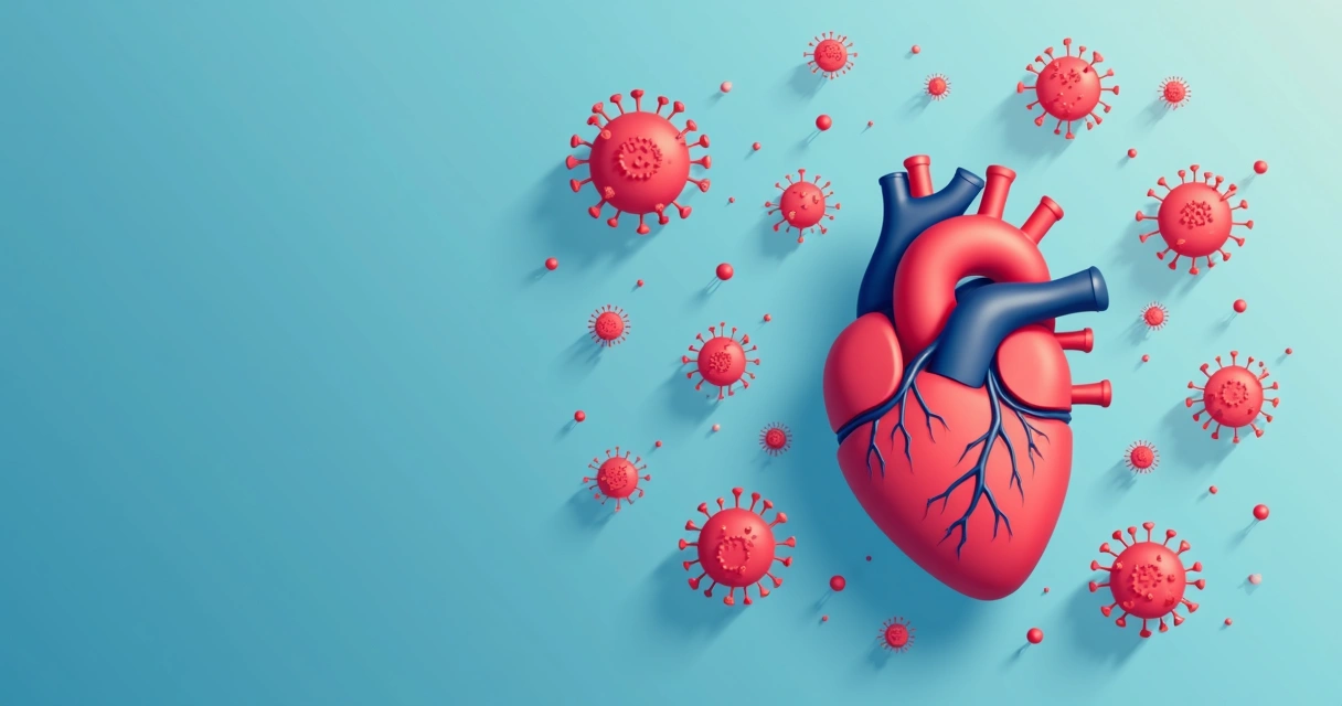 Infecções respiratórias que causam pericardite: agentes comuns 2 Símbolos de vírus respiratórios próximos ao coração humano