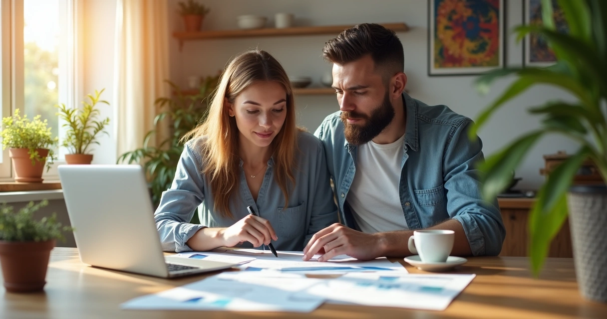 Married couple reviewing visa documents at kitchen table with laptop