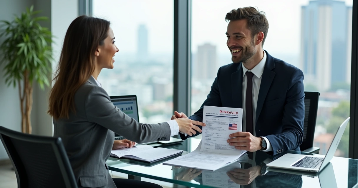 Business person handing over approved U.S. visa application packet