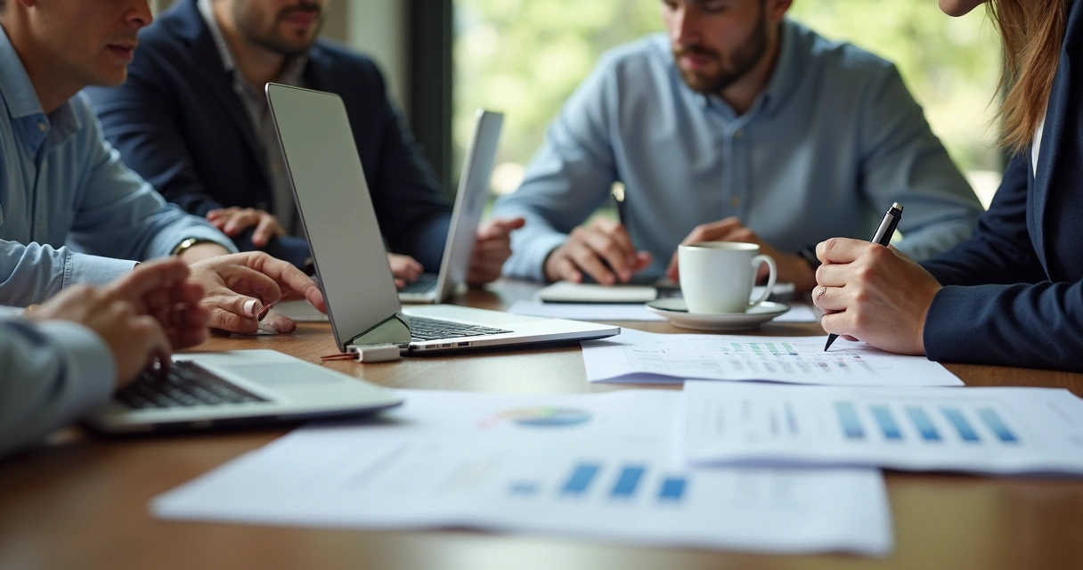 Team preparing visa documents at conference table 