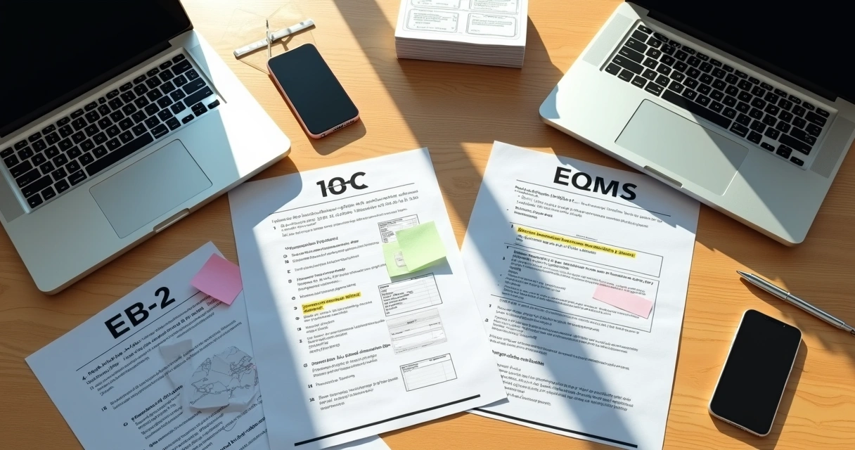 Documents comparing EB-2 and E-2 visa requirements on office desk